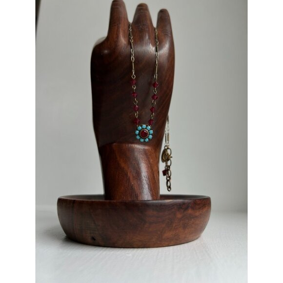 Vintage Liz Palacios BrassTone Red Blue Austrian Crystal Flower Necklace - Picture 5 of 9